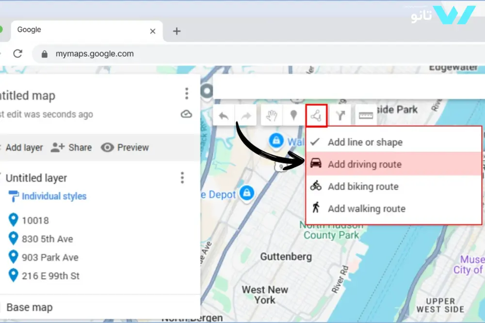 اضافه کردن add driving route
